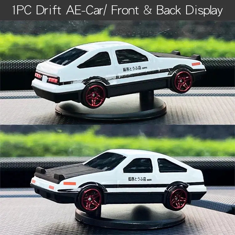 Drift car dashboard toy model white with red rims on display stand; front and back views