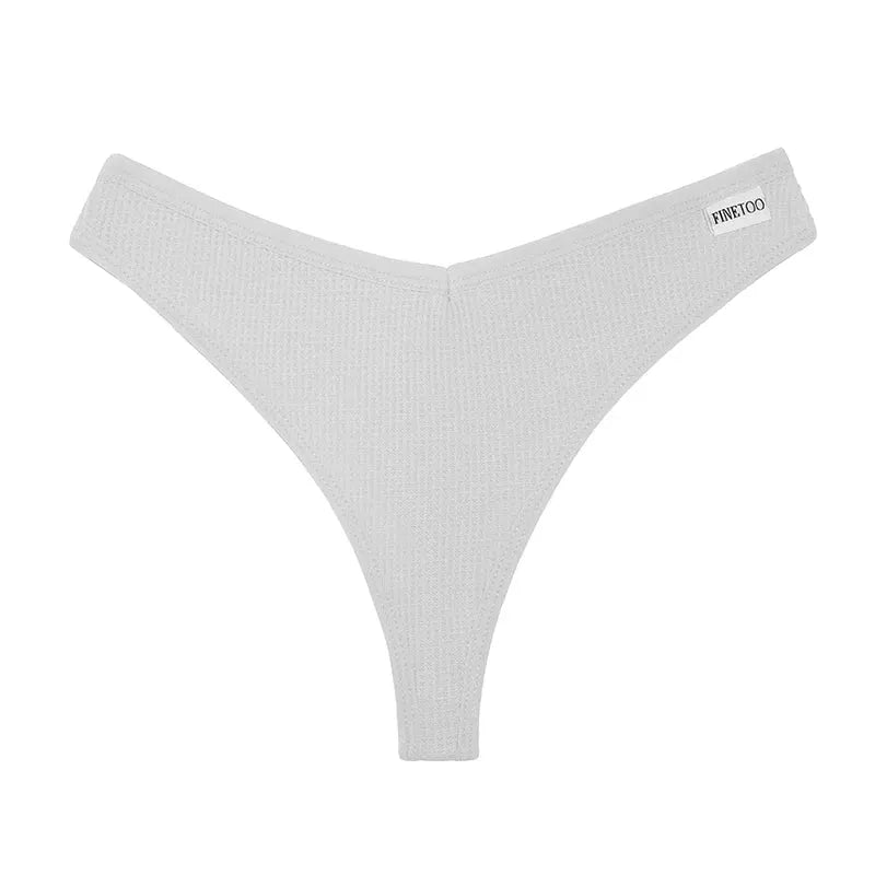 Light gray waffle-knit cotton thong for women with a V-waist cut