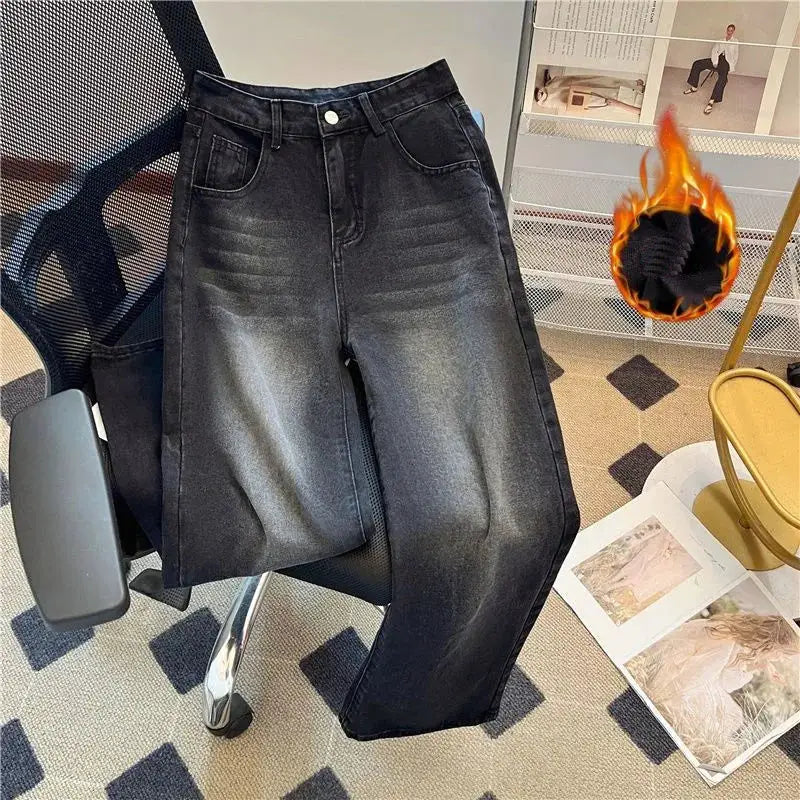 Winter Thick Fleece Jeans Velvet Plush Denim Vintage Slim Trousers
