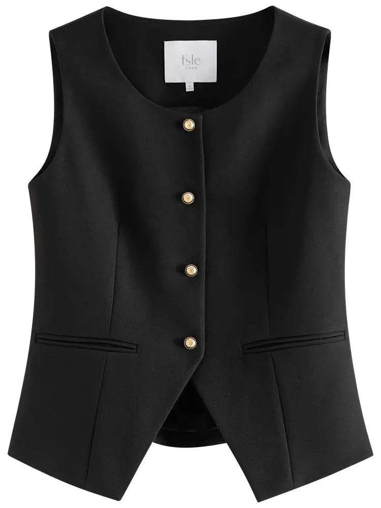 Fsle women's black sleeveless blazer vest with gold buttons and front pockets