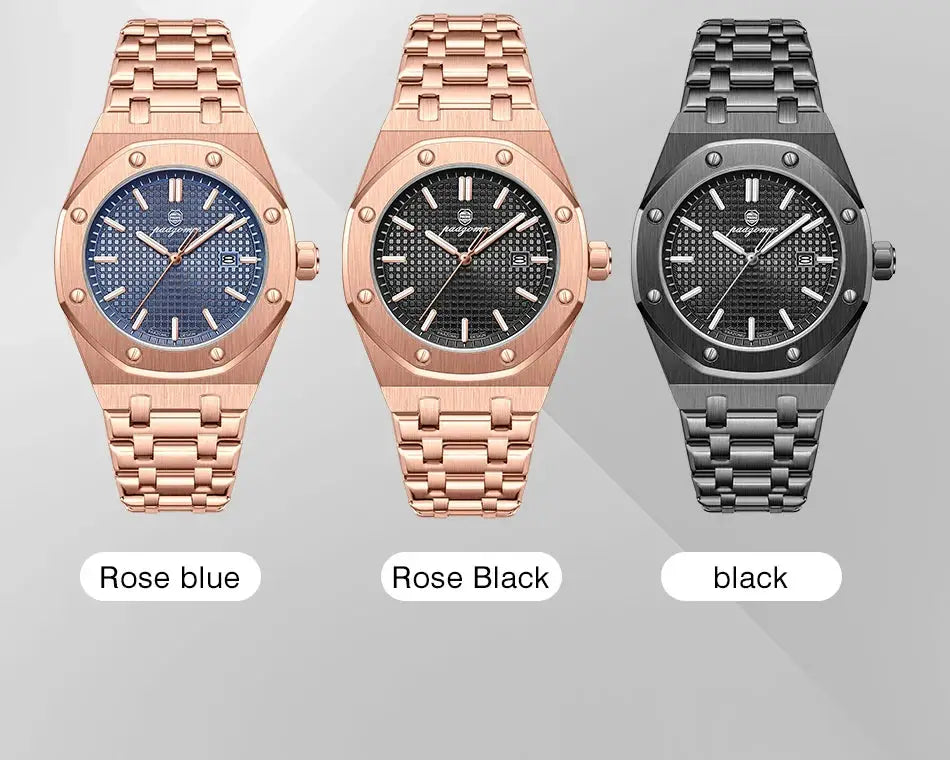 PAAZOMU luxury square men's quartz watches trio in rose gold with blue dial, rose gold with black dial, and black dial.