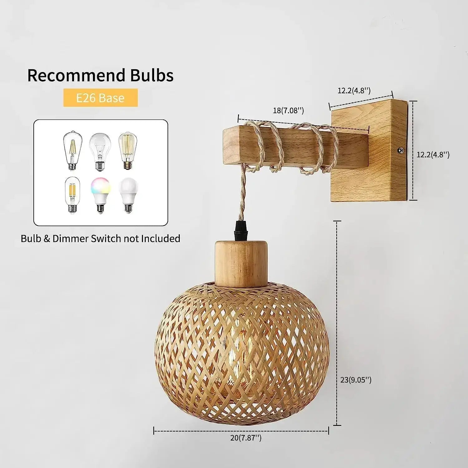 Bamboo Lantern Wall Lamp, natural hand-woven rattan shade, E27 base, wall-mounted by Simples Market