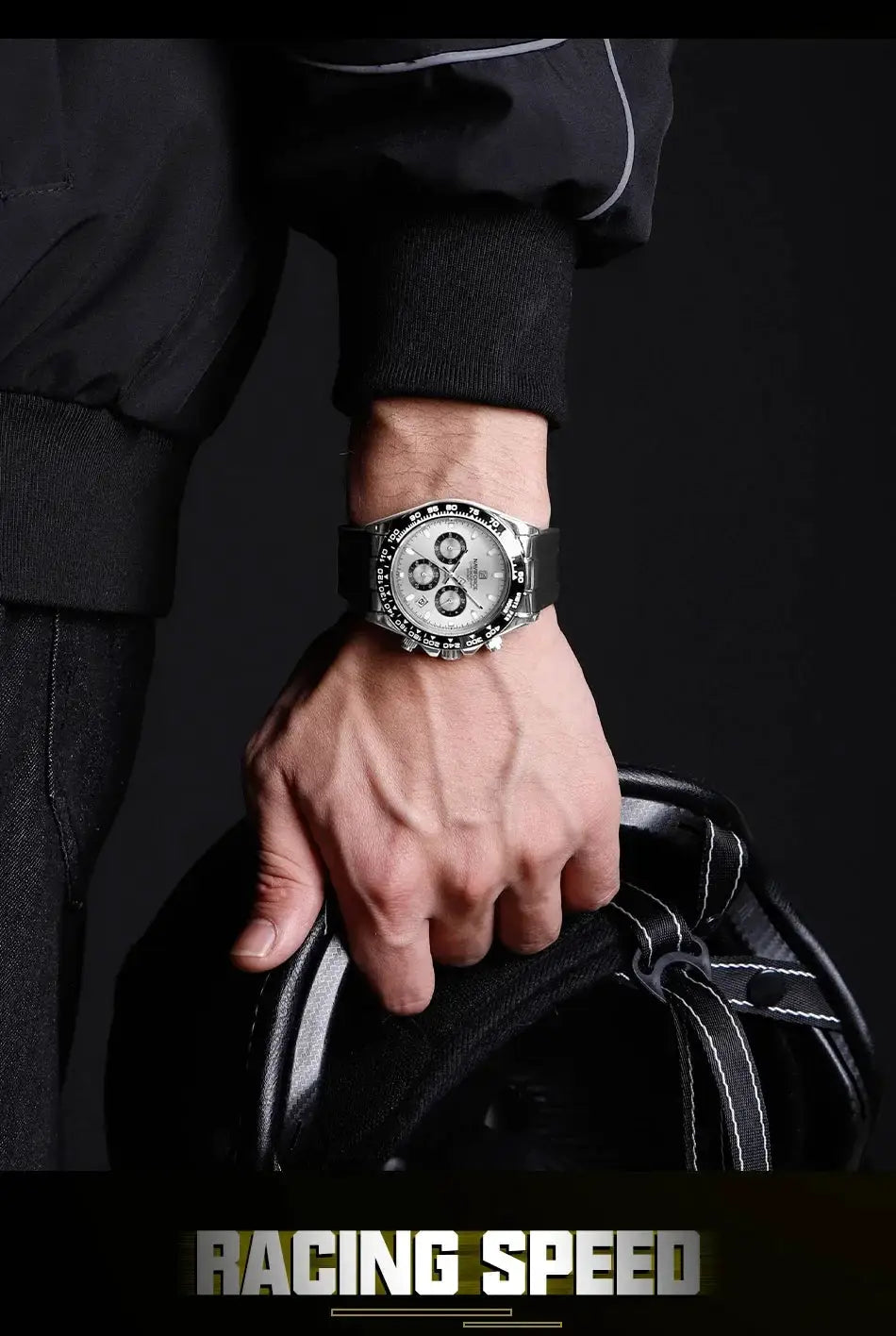 NAVIFORCE NF8054 men's chronograph watch with silver dial and black silicone strap
