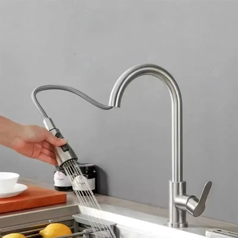 Stainless steel kitchen faucet, single-hole pull-out spray, high-arc 360° swivel, Simples Market