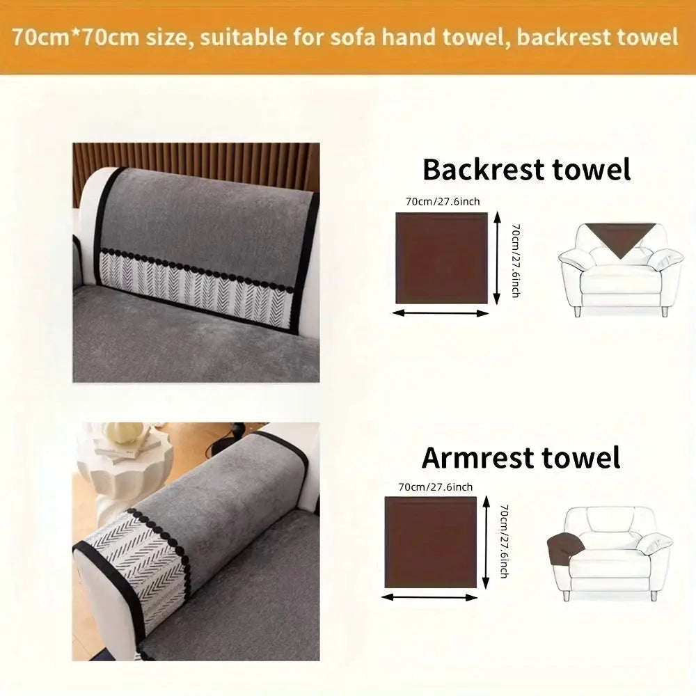 Gray chenille sofa cover with black contrast hem; backrest and armrest towels for sofa
