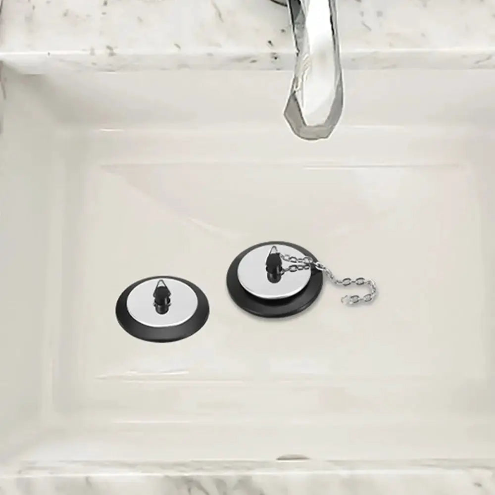 2 tub drain stoppers with chain and hanging ring, black rubber with chrome tops for universal 4/4.3/5 cm drains