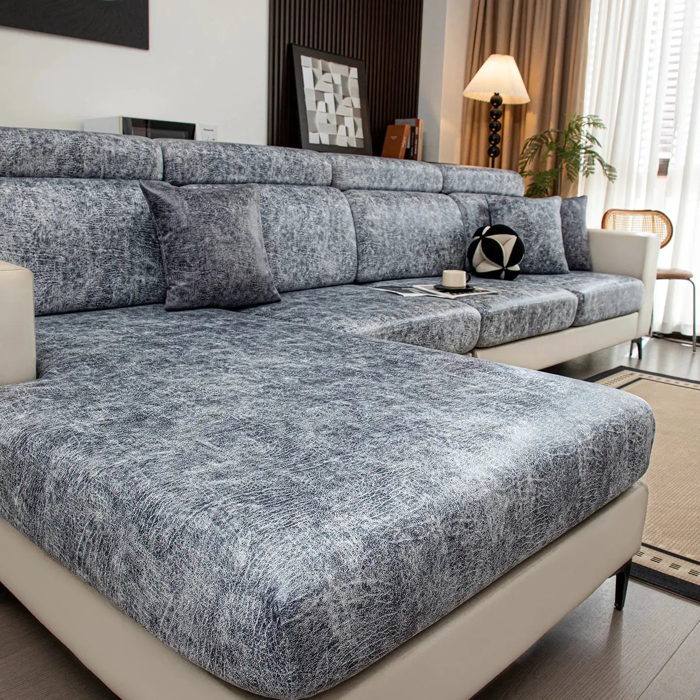 Simples Market stretch sofa cover in blue-gray textured fabric for sectional sofa, removable, pet-friendly