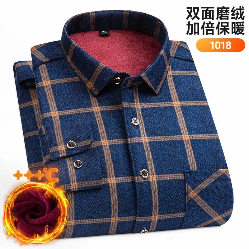 Men's blue plaid fleece shirt, Simples Market, thick double-sided warm long-sleeve top with red inner lining