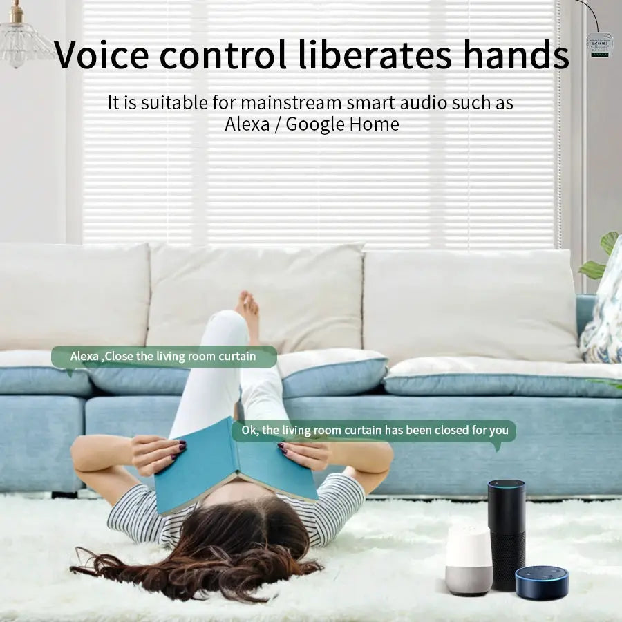 Tuya WiFi smart curtain switch module by Simples Market in a living room with three Alexa/Google Home speakers