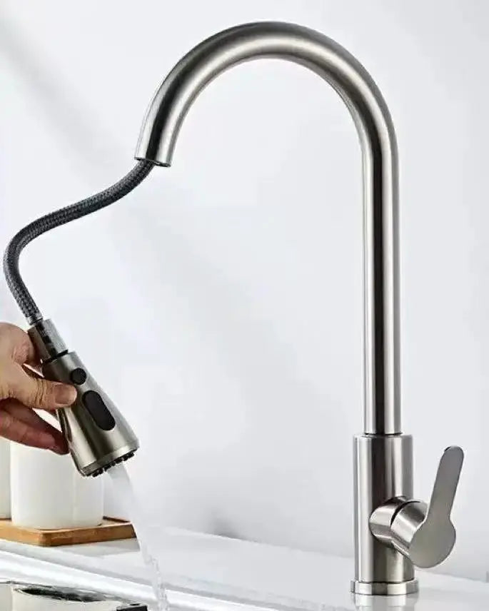 Kitchen faucet with pull-out spray head, chrome finish and black hose, single-handle mixer tap.