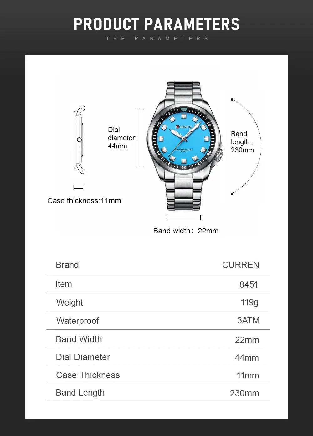 Curren 8451 stainless steel men's wristwatch with blue dial, water resistant 3ATM, metal band