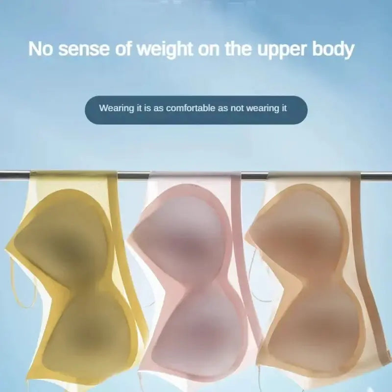 Ultra-thin ice-silk top bra bustier set of 3 in pastel colors hanging on a rod