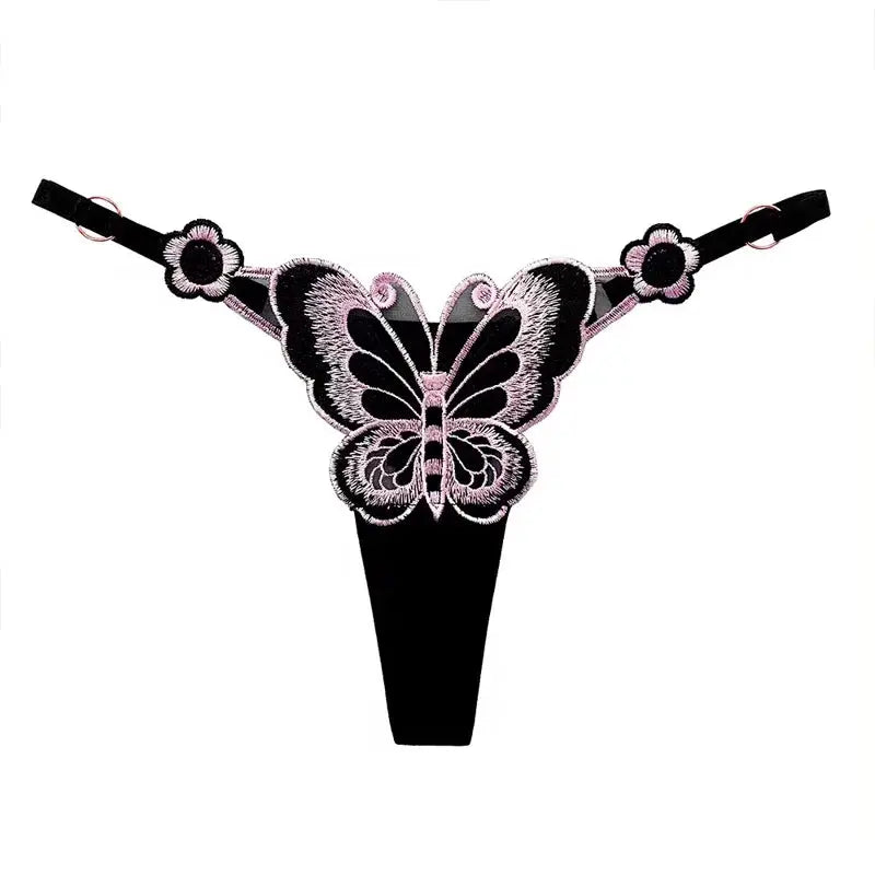 Butterfly lace thong for women, black G-string with pink embroidered butterfly motif, adjustable waistband