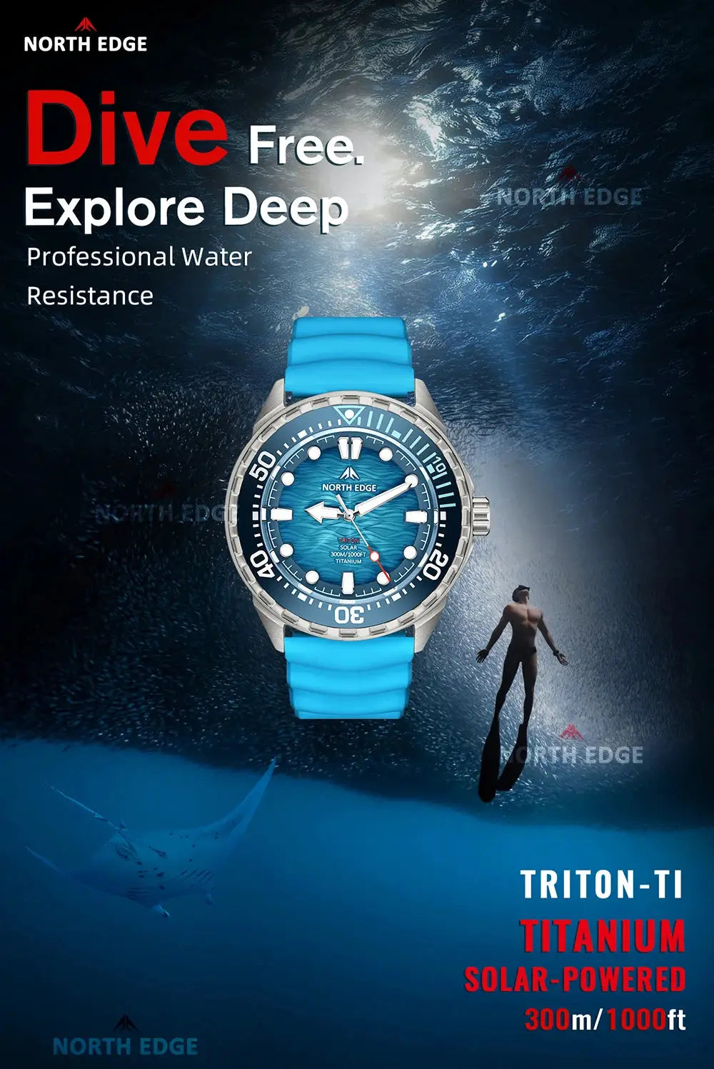 North Edge Triton-TI titanium solar-powered diving watch with blue strap and 300m water resistance