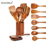 9 Piece Teak Wood Kitchen Utensils Set With Holder Eco Friendly Wooden Spoons And Tools For Cooking