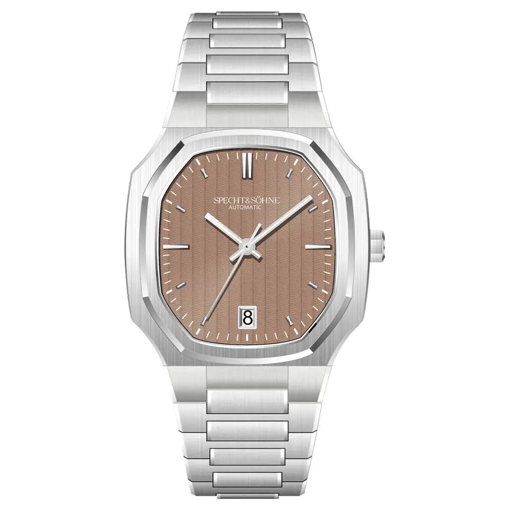 Specht&Sohne 37mm stainless steel automatic watch with brown dial, sapphire crystal, date at 6, 50m water resistant