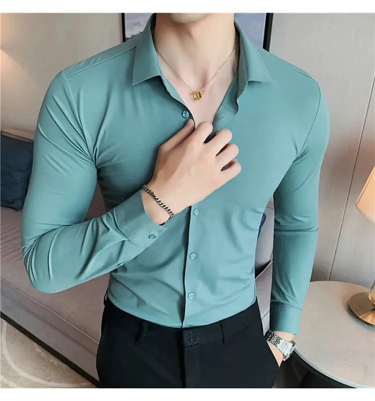 Men's teal slim-fit long-sleeve button-down shirt.