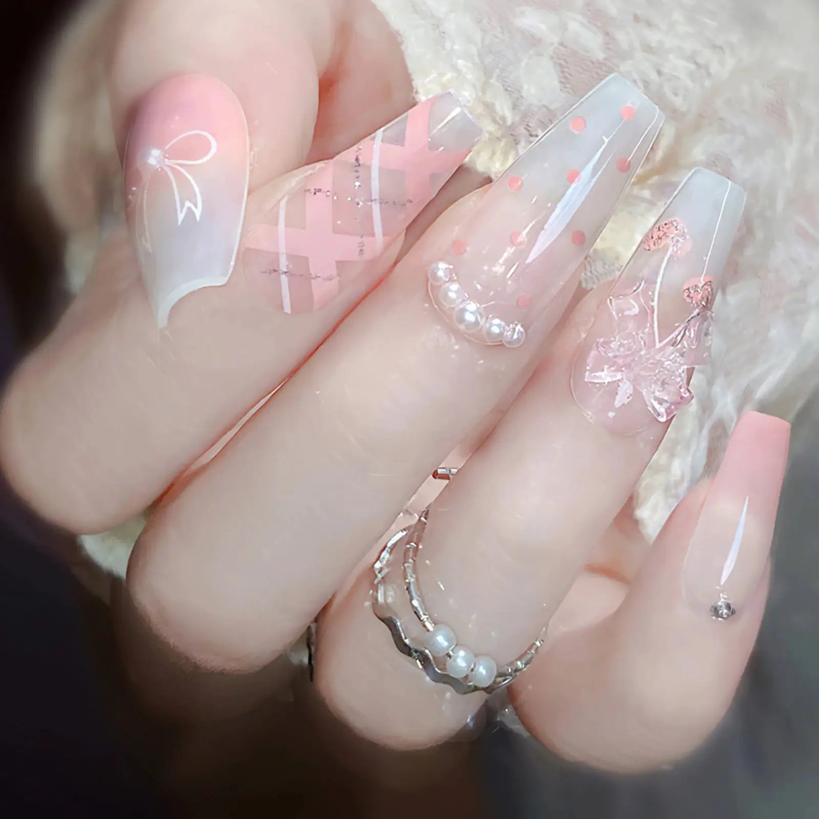 LuxeNail Blush Pink False Nails Bowknot Diamond Pearl Design Press On Nail Tips Harmless Smooth Edge Safe DIY Mani
