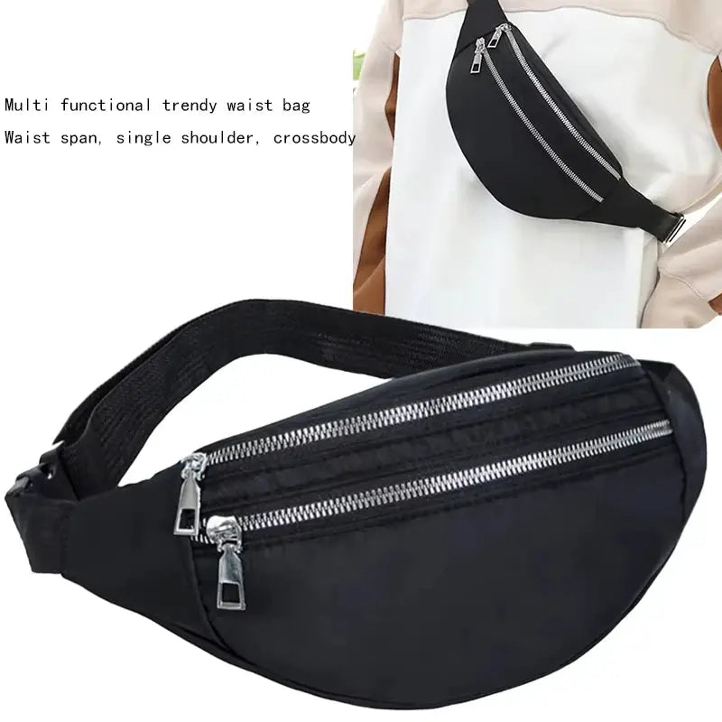 Black fanny pack waist bag with dual zippers and adjustable strap