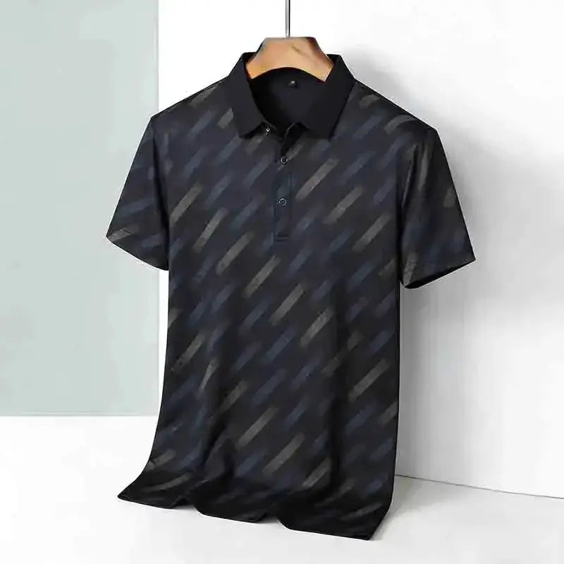 Men's polo shirt with dark diagonal striped print, short sleeves, black collar.