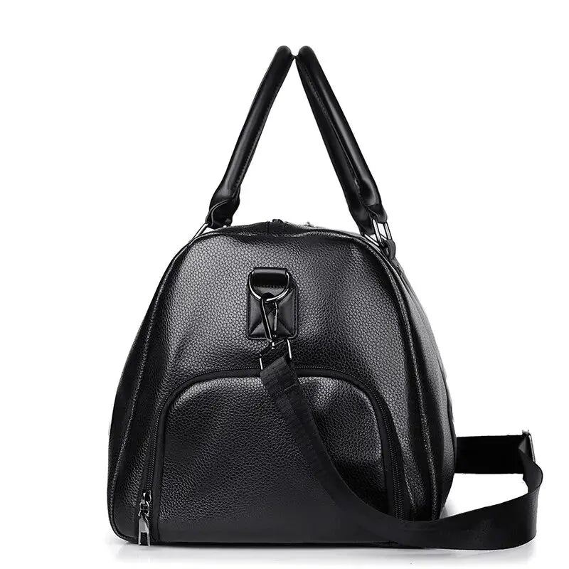 Simples Market black PU leather retro-style short-trip bag with top handles and detachable crossbody strap