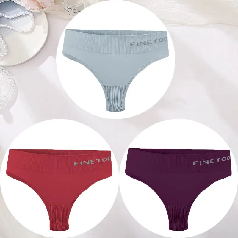Finetoo 3-pack women's thong underwear set in light blue, red, and purple; seamless high-waist thongs.
