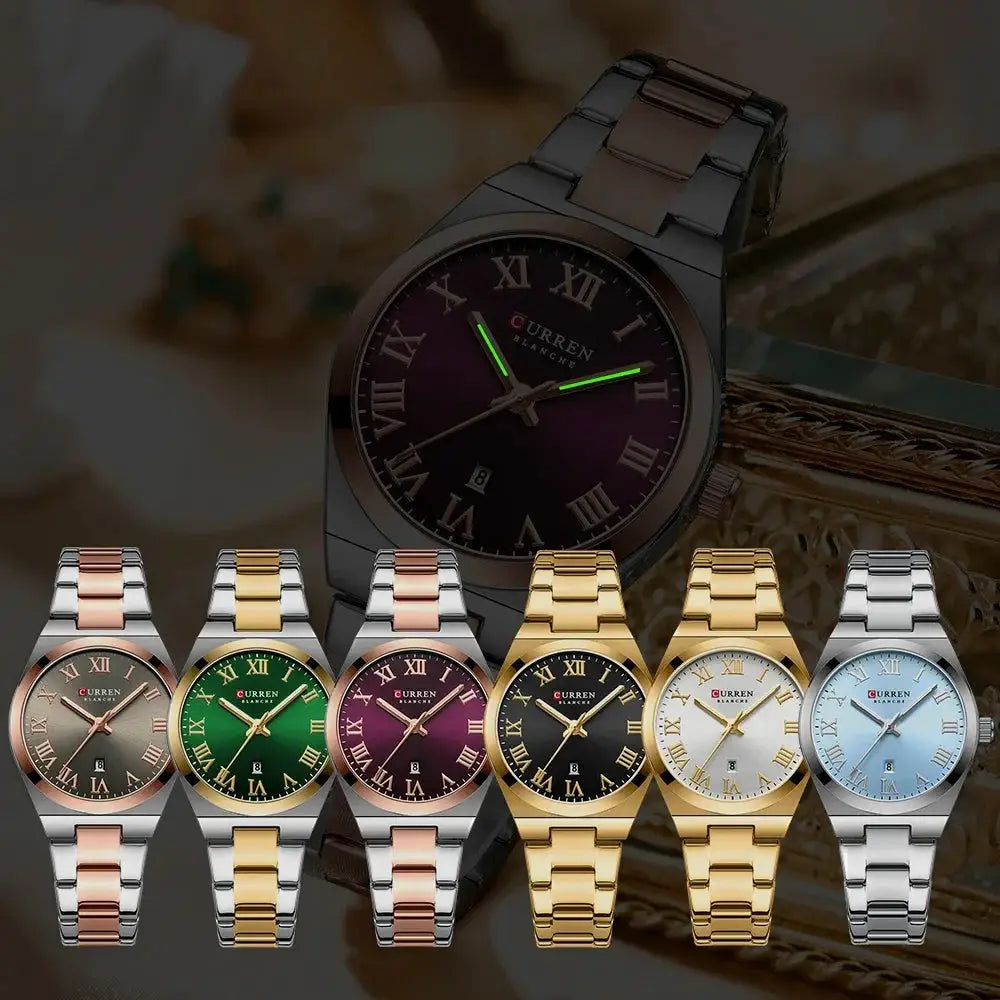 CURREN women's stainless steel bracelet watches set of eight with date window in varied dial colors