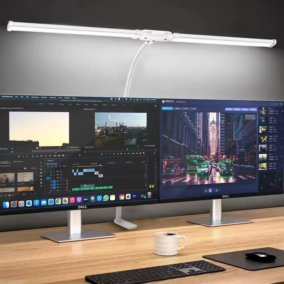 Eye-care LED clip-on desk lamp, white metal, adjustable brightness with rotating head
