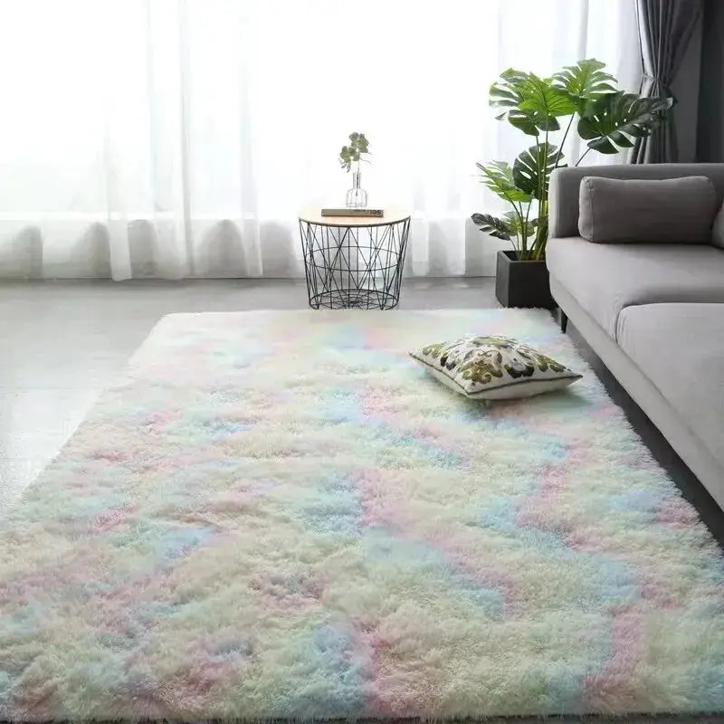 VIKAMA Silk Wool Rug in pastel multicolor, fluffy living room carpet.