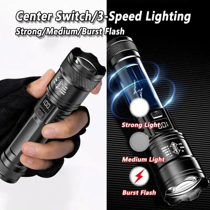 Simples Market rechargeable LED flashlight, black zoomable torch with LCD display, 3 modes, waterproof