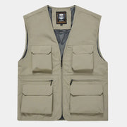 Men's khaki utility vest with multiple pockets and front zipper by Simples Market