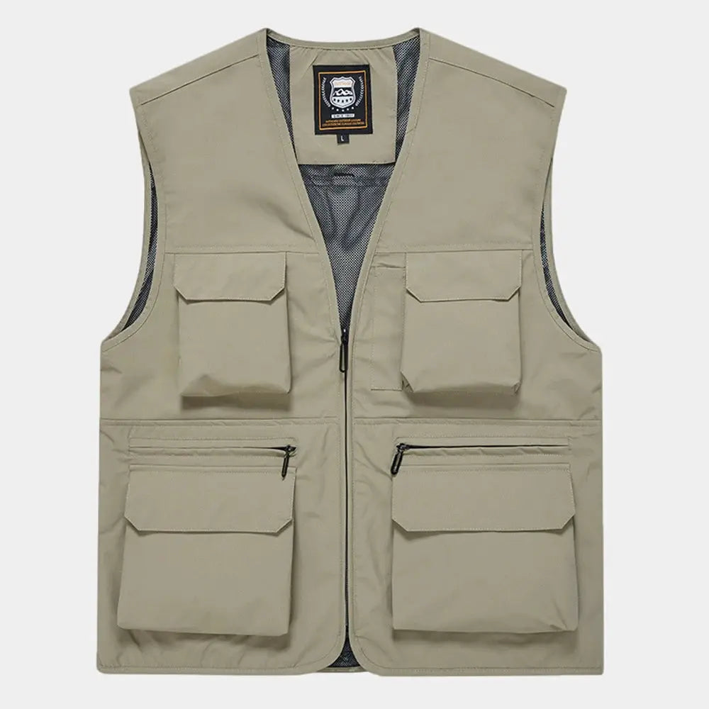 Men's khaki utility vest with multiple pockets and front zipper by Simples Market