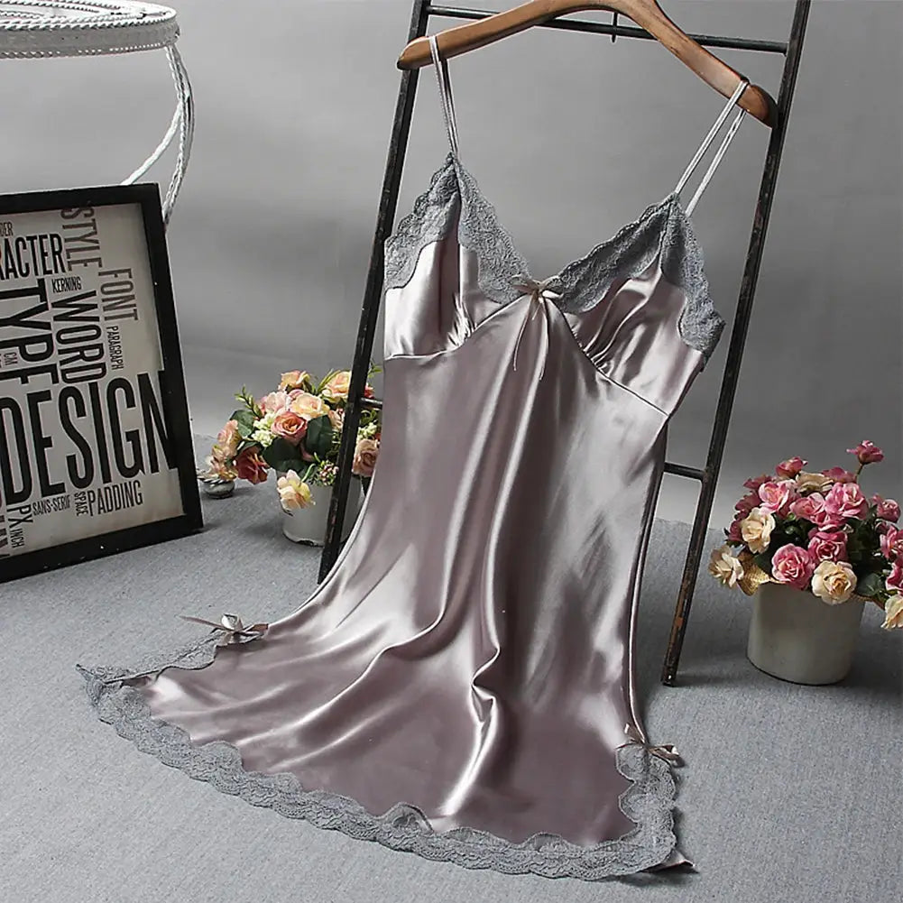 LaceLux Sexy Lace Patchwork Nightwear Lingerie Nightgown Soft Satin Polyester V Neck Lace Accents