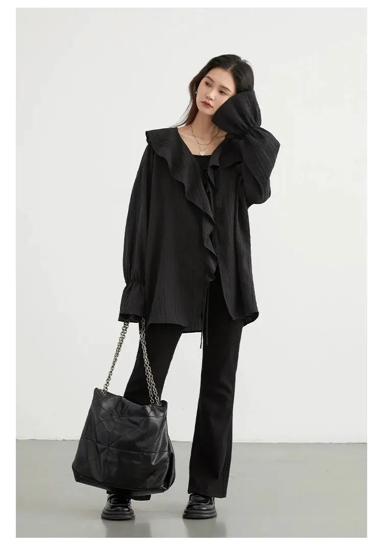 CHIC VEN women's black loose blouse with cascading ruffles, V-neck and long puff sleeves