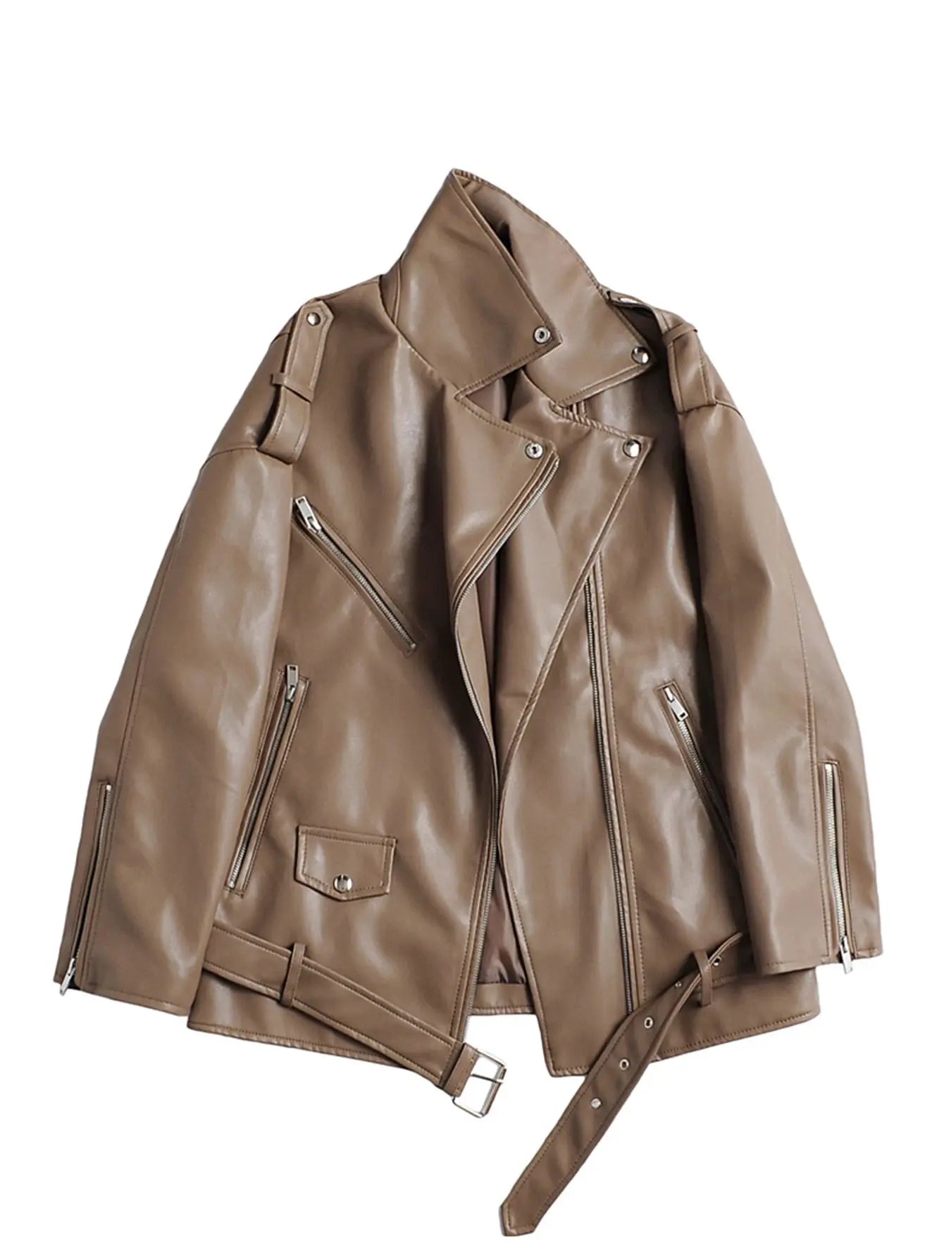 Ailegogo Women Loose Motorcycle Biker PU Faux Leather Jacket With Detachable Belt For Adjustable Fit