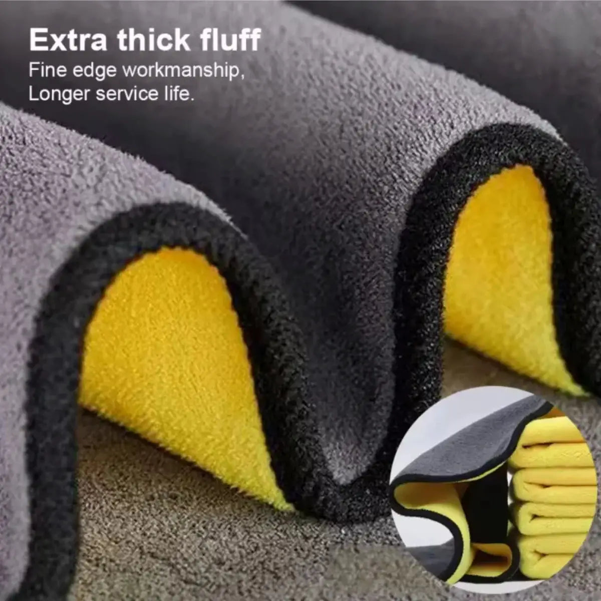 Car microfiber towels set by Simples Market, extra-thick coral fleece with gray exterior and yellow inner layer