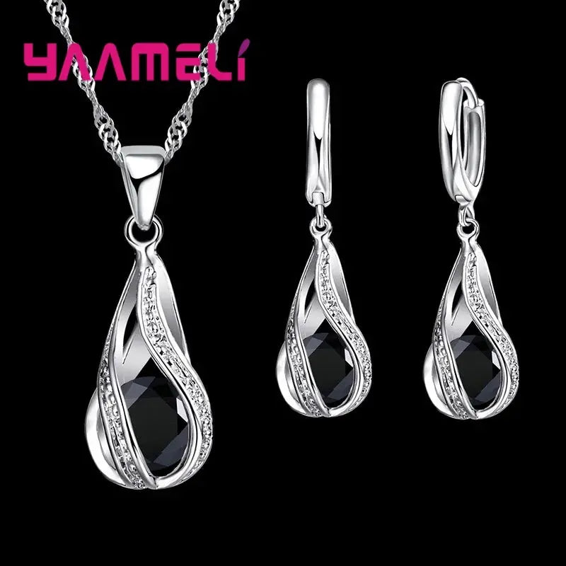 Water Drop CZ 925 Sterling Silver Plated Jewelry Set For Women Pendant Necklace And Hoop Earrings For Wedding Ceremony