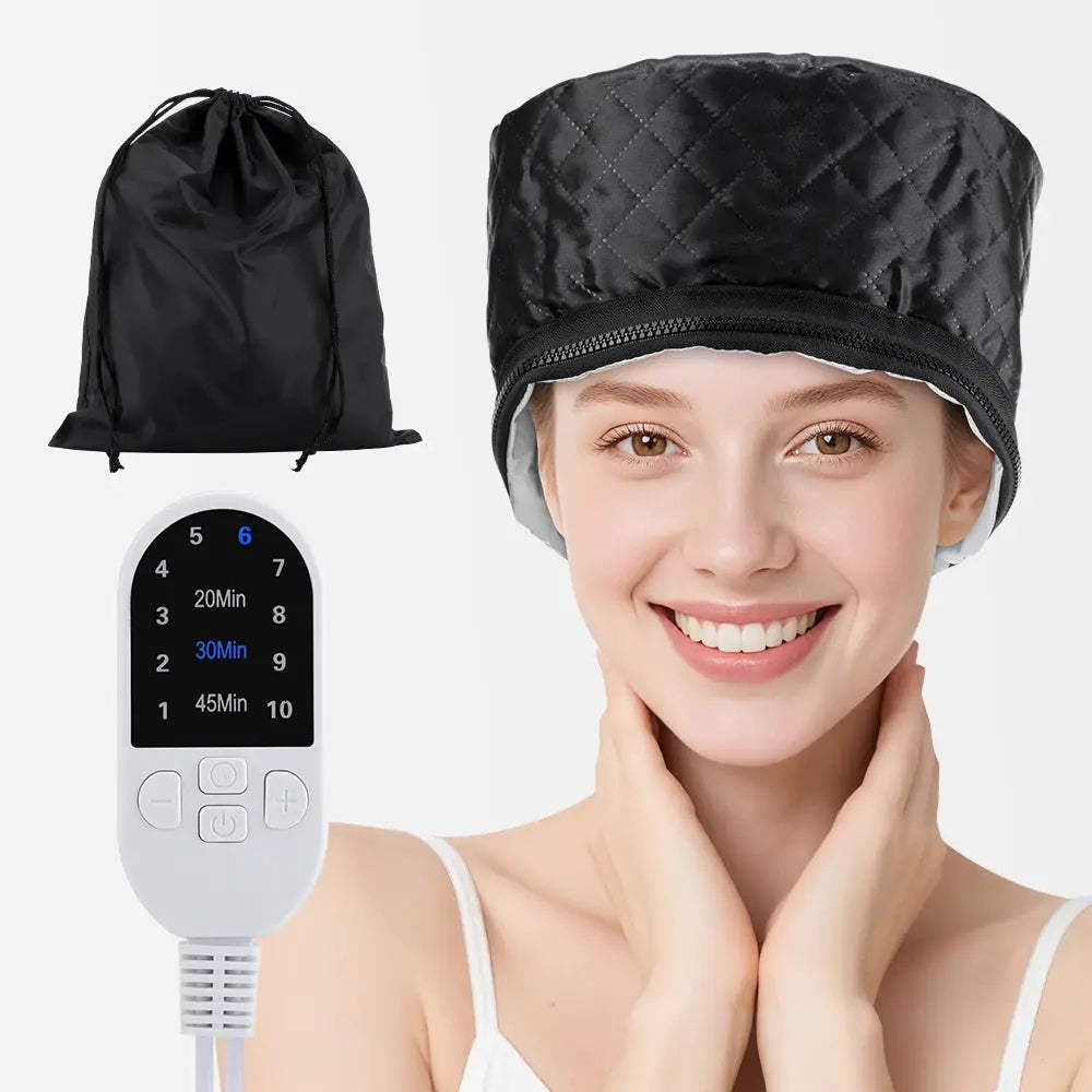 Electric hair heating cap, black quilted design by Simples Market with remote and storage bag (3-piece set)