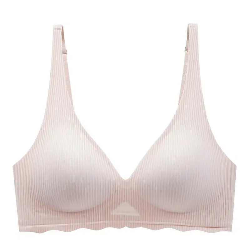 Seamless pink striped bra with soft molded cups and slim straps