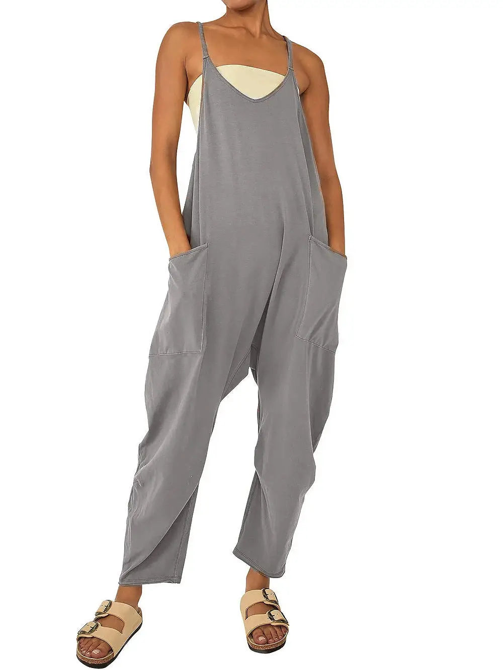 Women's gray loose-fit jumpsuit with suspenders, large patch pockets and casual style