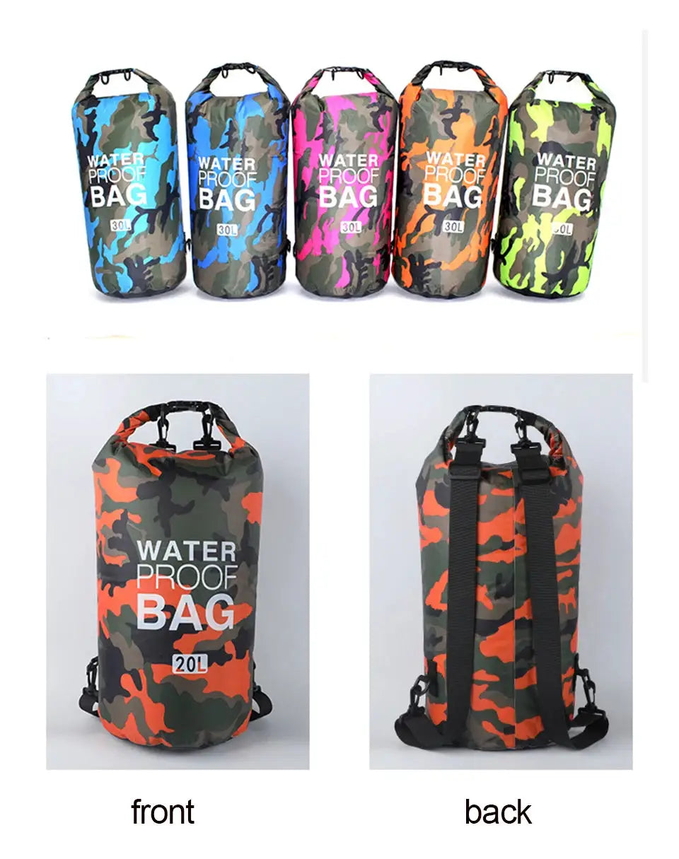 Simples Market waterproof dry bag 30L camouflage colorways; five colors shown with a 20L front view