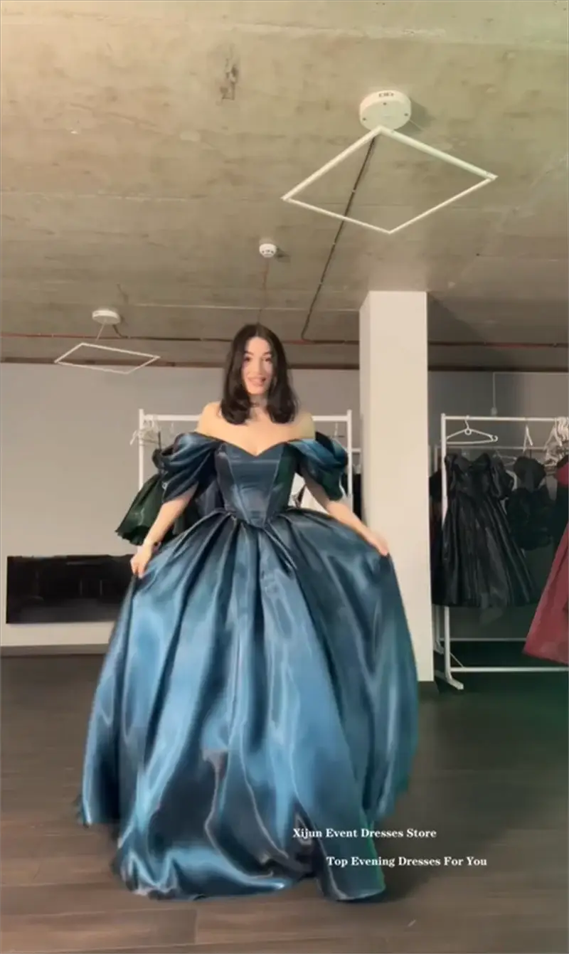 Xijun Turquoise Off Shoulder A Line Evening Gown Satin Prom Dress