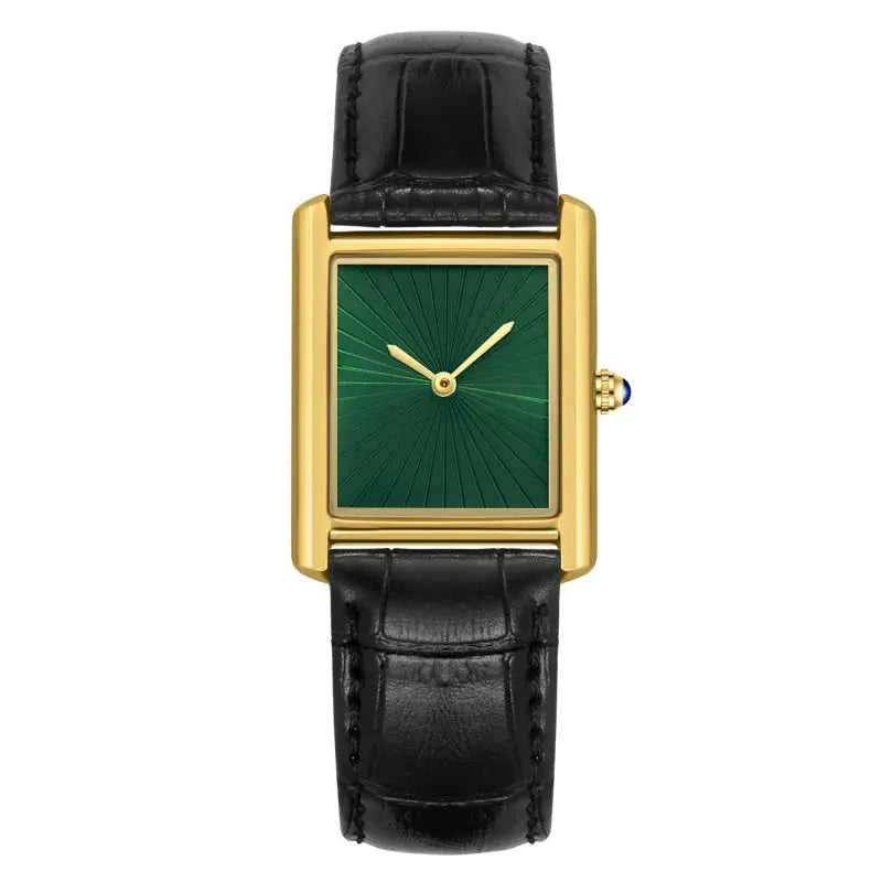Square gold-tone watch with green dial, black leather strap, two-hand quartz movement.