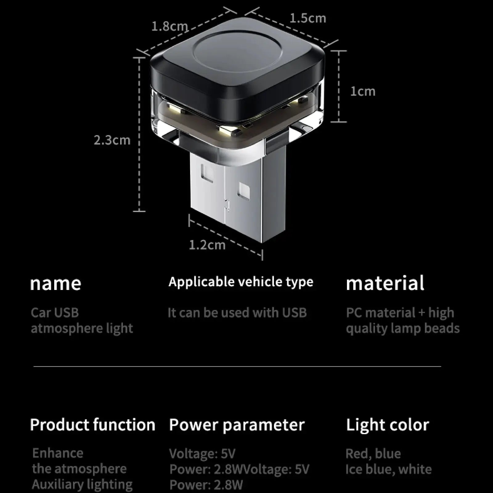 Car USB LED mood lamp by Simples Market; plug‑and‑play interior ambient light.