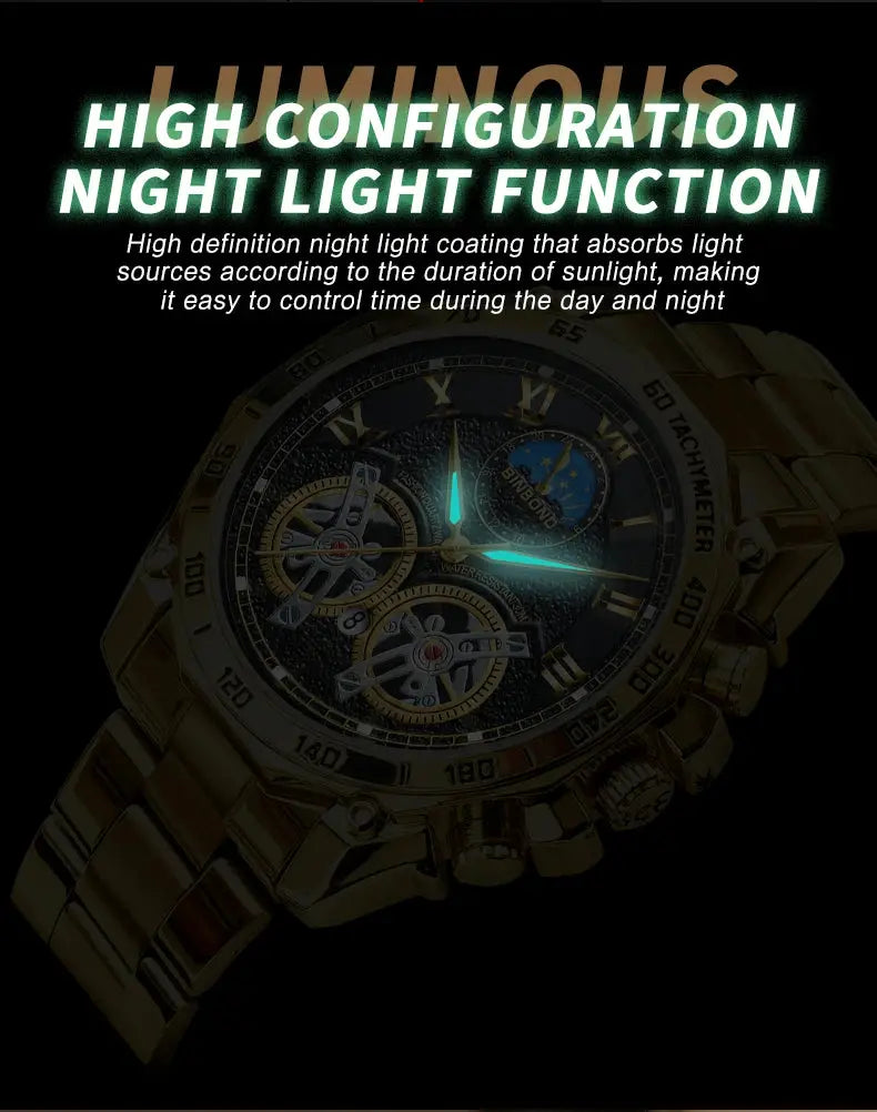 BINBOND gold-tone men's quartz watch with skeleton dial, luminous hands, tachymeter bezel, metal bracelet