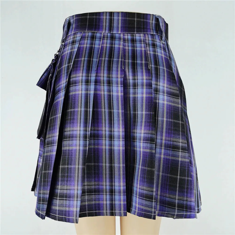 Skirt purple plaid high-waisted pleated mini with structured waistband