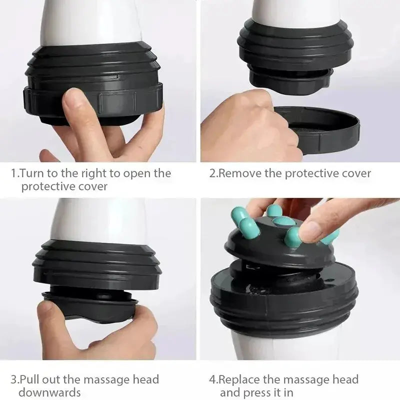 Electric handheld body slimming massager by Simples Market with removable head and protective cover, shown in steps.
