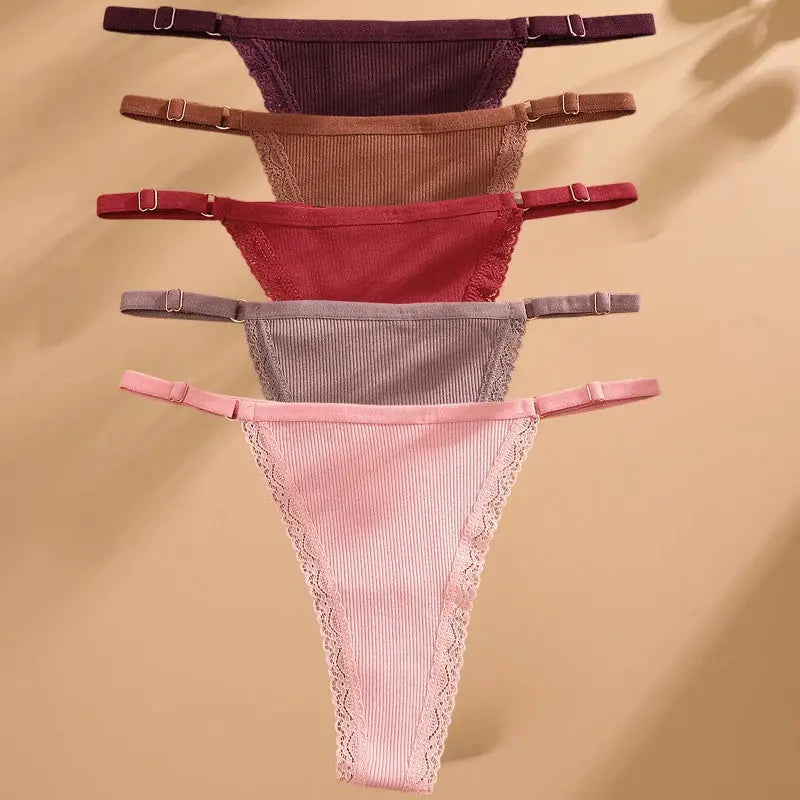 5-pack cotton G-string thong set with lace-trim edges in purple, brown, red, gray, and pink, adjustable waistbands