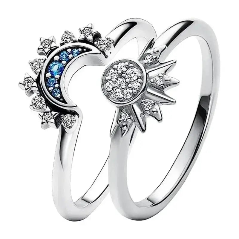 New Celestial Blue Sparkling Moon Sun Star Crystal Ring for Women Fashion Elegant Stackable Band Jewelry Gifts