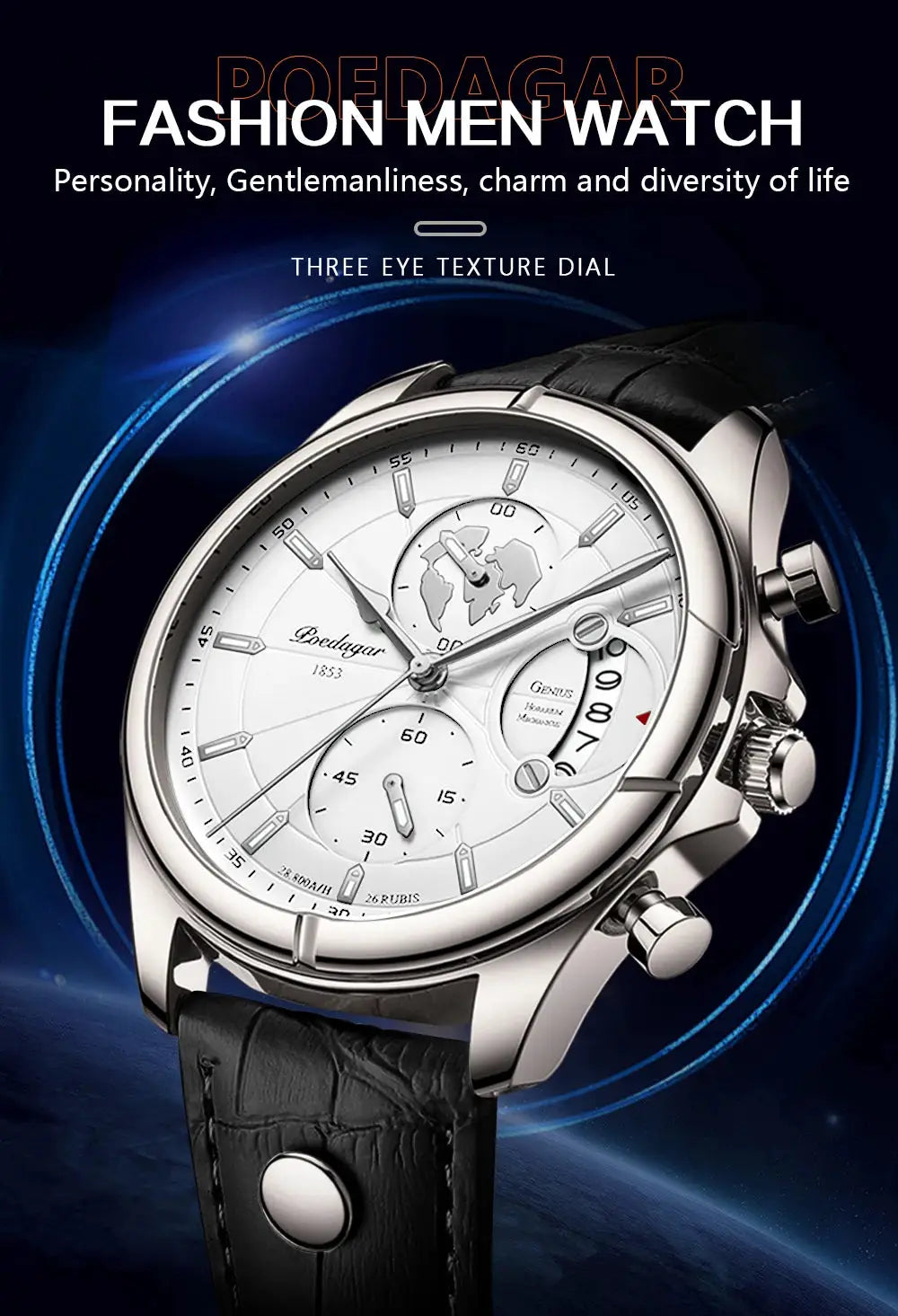 POEDAGAR luxury men's wristwatch with white dial, three subdials, chronograph, and black leather strap